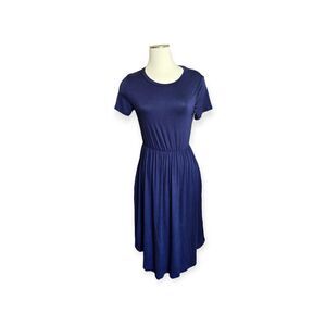 Simier Fariry Women's Small Midi Short Sleeve Casual Pocket Dress Blue